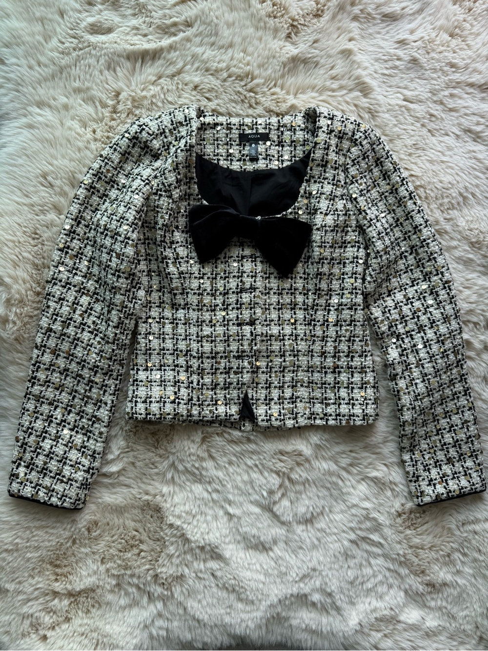 AQUA Cream & Black Tweed Bow-Accent Jacket